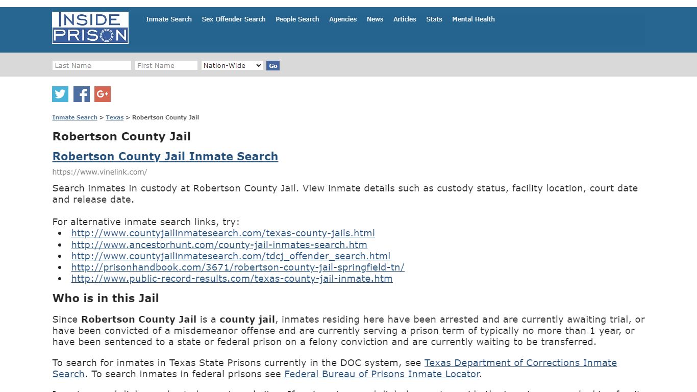 Robertson County Jail - Texas - Inmate Search